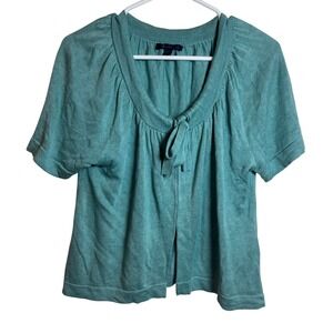Boden Womens Teal Blue Silk Linen Knit Tie Neck Short Sleeve Cardigan Top
